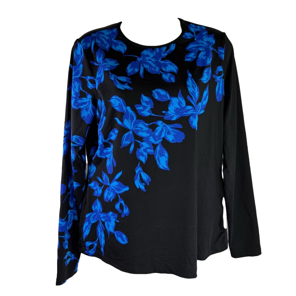 Lands End Black Tossed Tropical Floral Print Long Sleeve Swim Top Size M ECU
